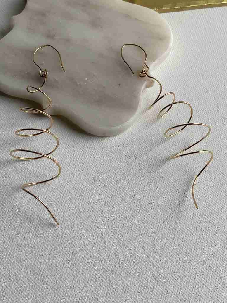 Lita Spiral Earrings in 14k Gold Filled, approximately 4.5 inches long.