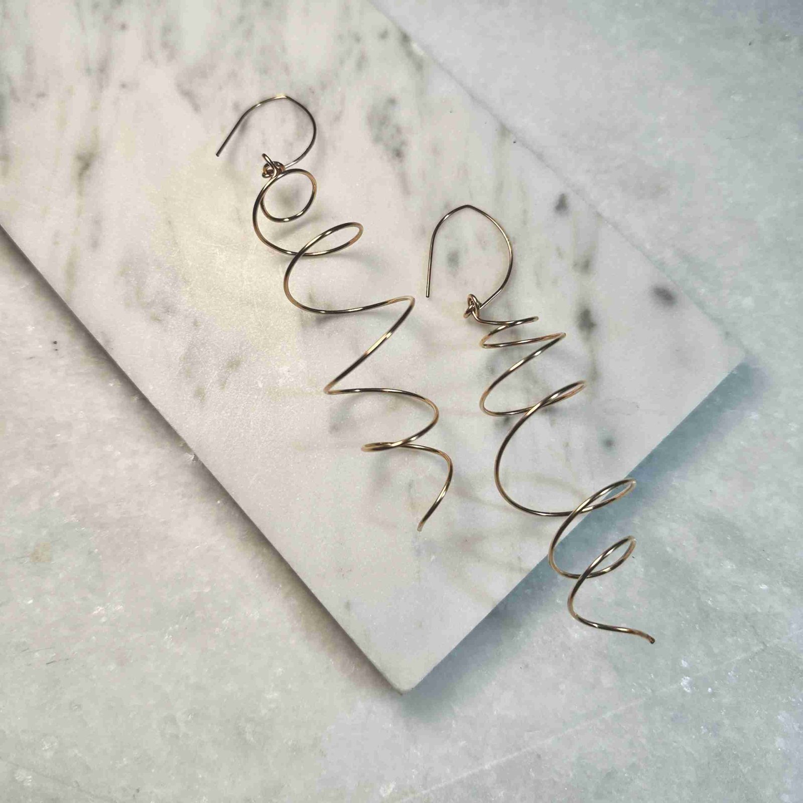 Lita Spiral Earrings in 14k Gold Filled, approximately 4.5 inches long.