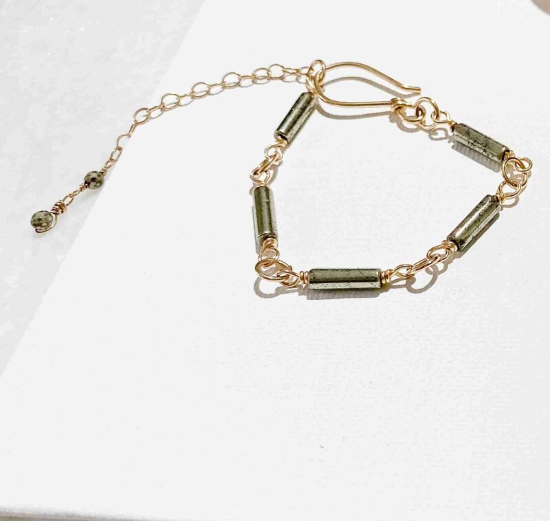 Darrah Bracelet with pyrite stones, adjustable hook closure, available in 14k Gold Filled or Sterling Silver.