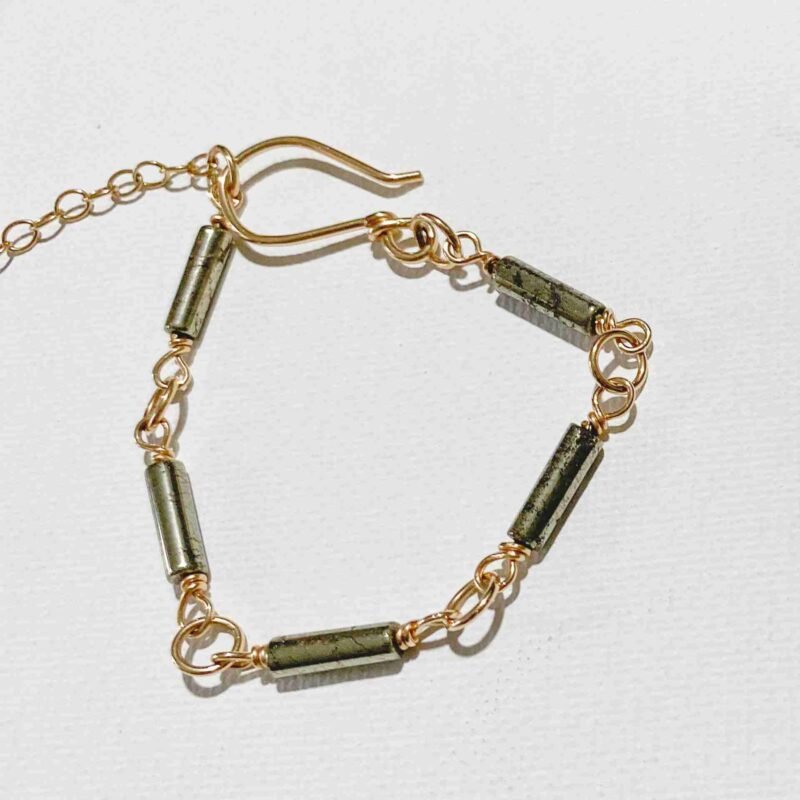Darrah Bracelet with pyrite stones, adjustable hook closure, available in 14k Gold Filled or Sterling Silver.