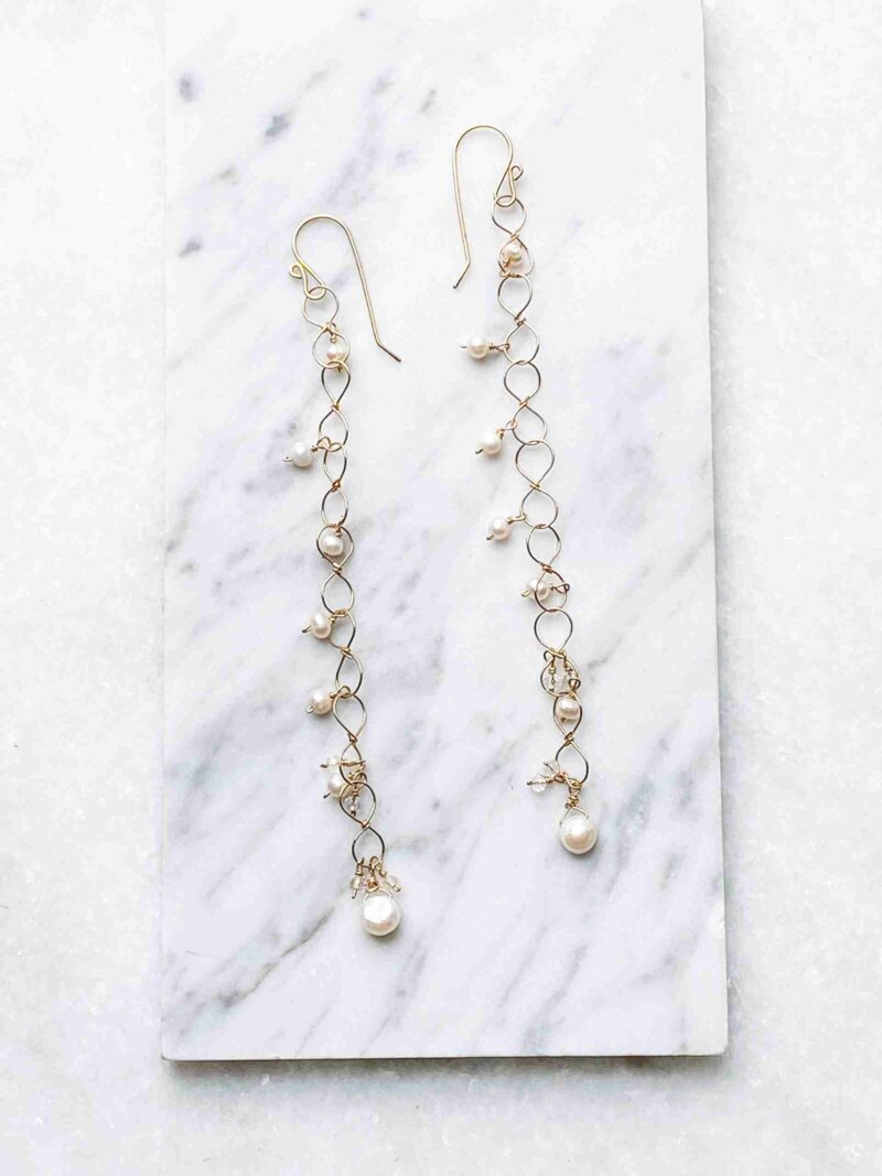 Lulu Earrings in 14k Gold Filled or Sterling Silver with pearl and crystal accents, 5.5 inches long.
