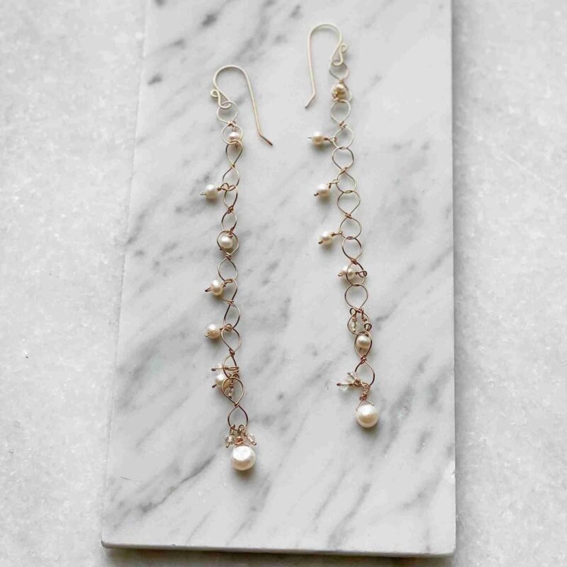 Lulu Earrings in 14k Gold Filled or Sterling Silver with pearl and crystal accents, 5.5 inches long.