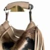 Cavallino calfskin bag in brown and black with leather-wrapped handle.