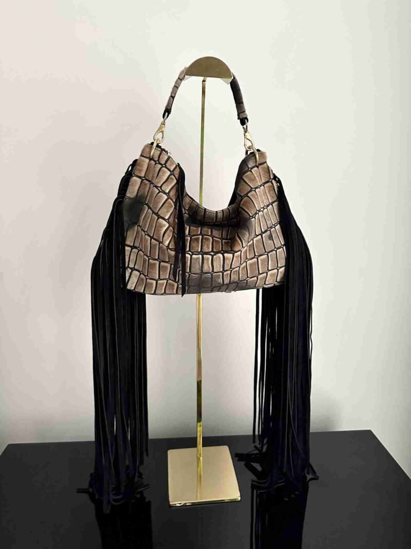 Jewell bag in black and taupe/grey hair-on-hide with long fringe.