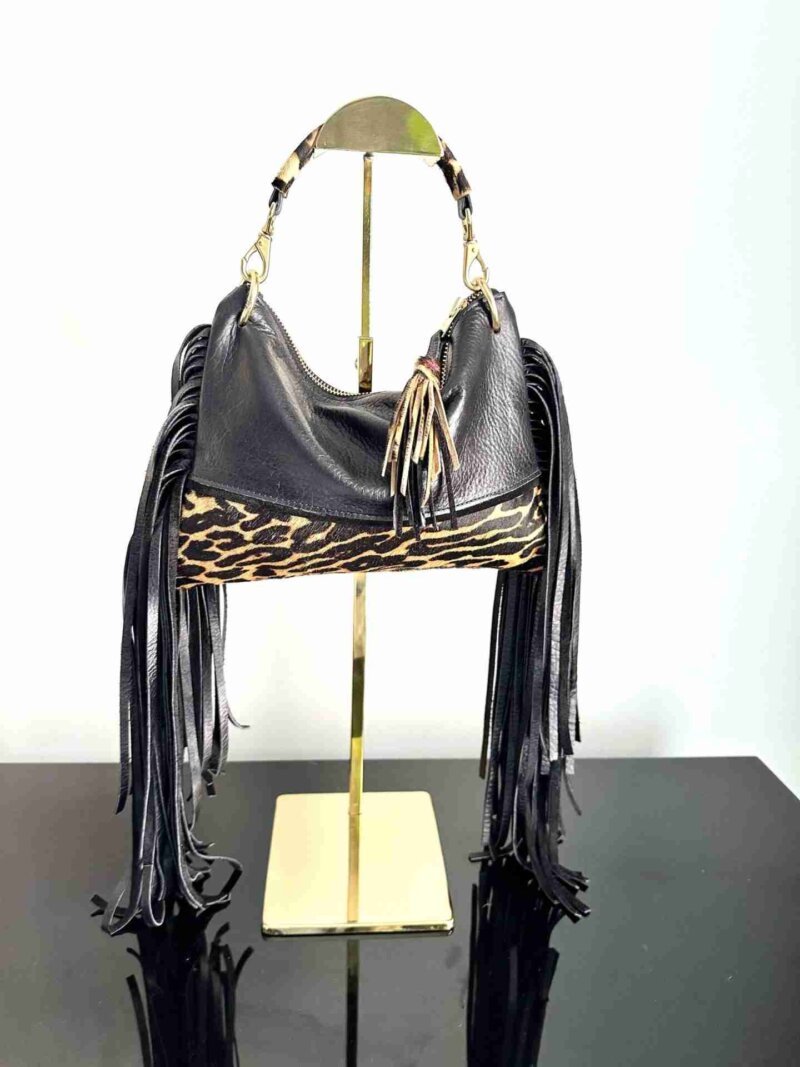 Dominique black leather bag with animal print and long fringe.