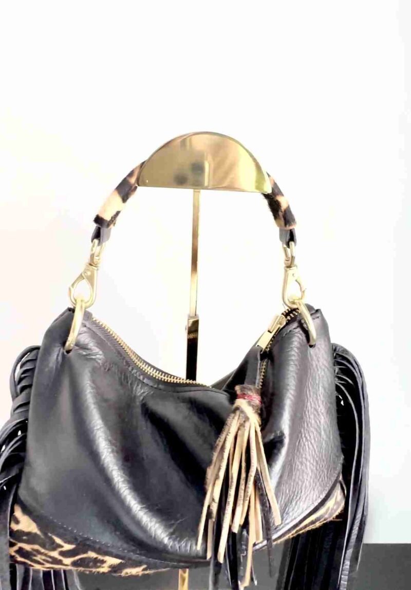 Dominique black leather bag with animal print and long fringe.