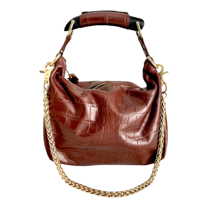 ooper Brown Crocodile Embossed Leather Bag with Wooden Handle