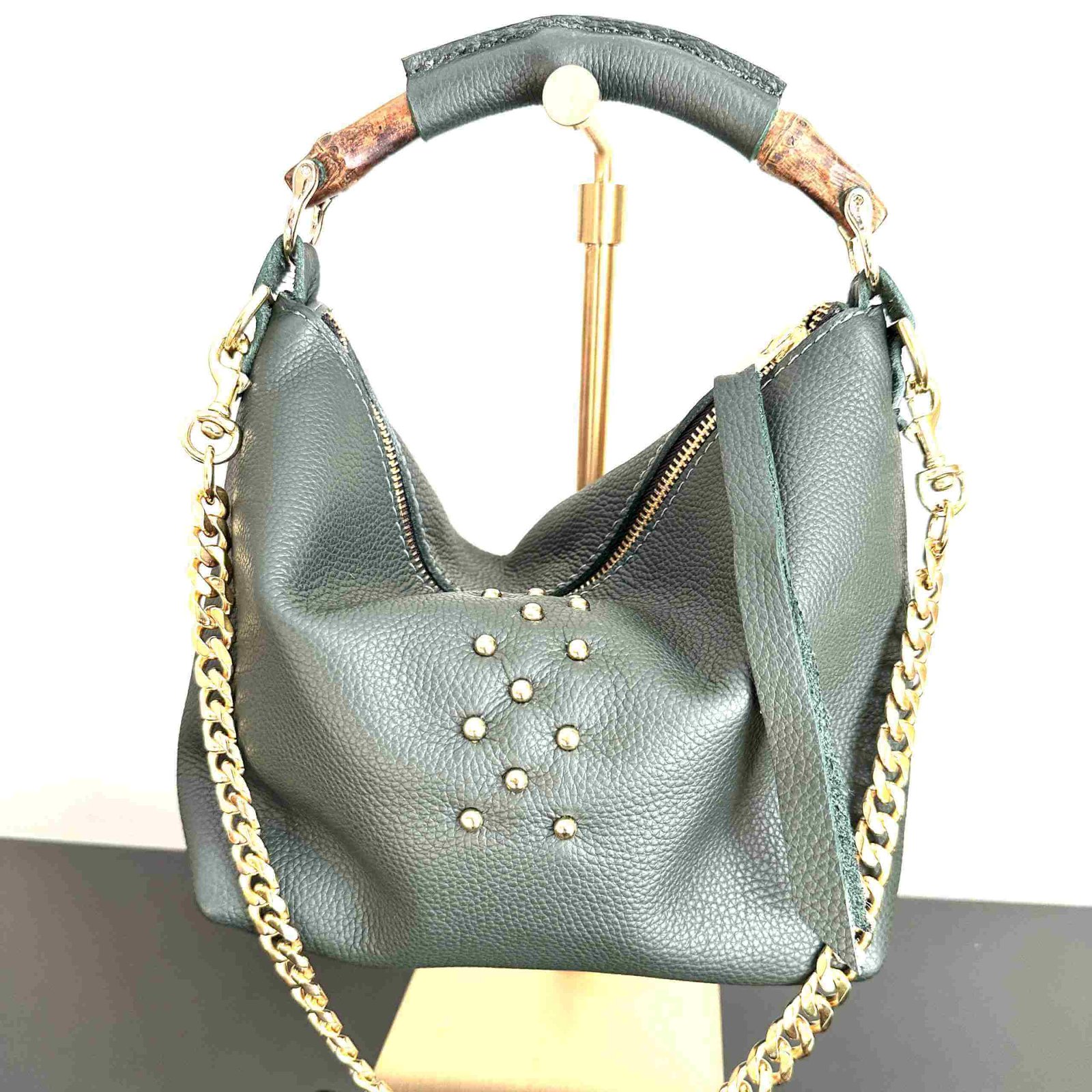 Parker Green Leather Bag with Brass Studs and Bamboo Handle