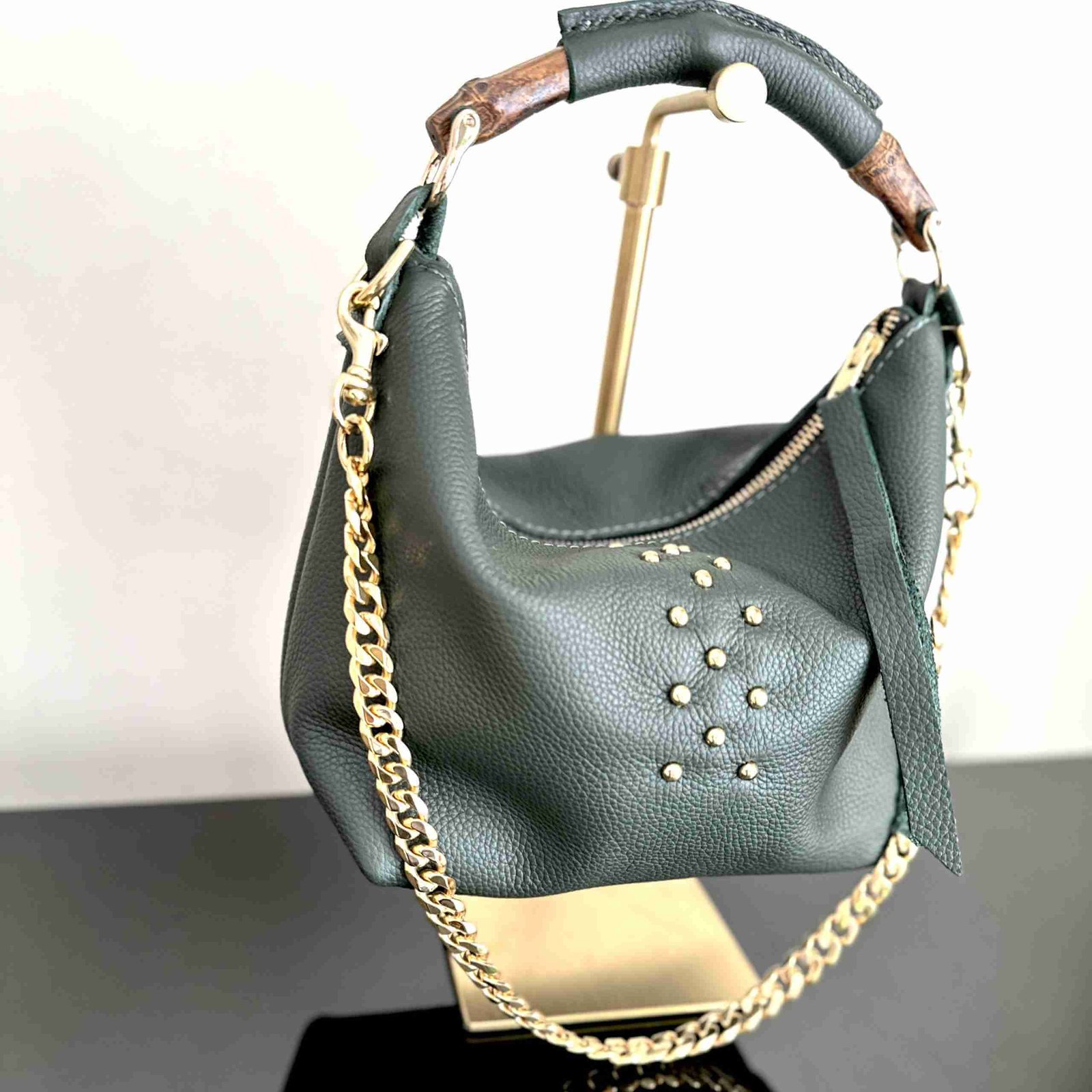 Parker Green Leather Bag with Brass Studs and Bamboo Handle