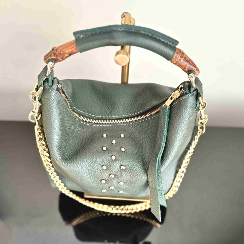 Parker Green Leather Bag with Brass Studs and Bamboo Handle
