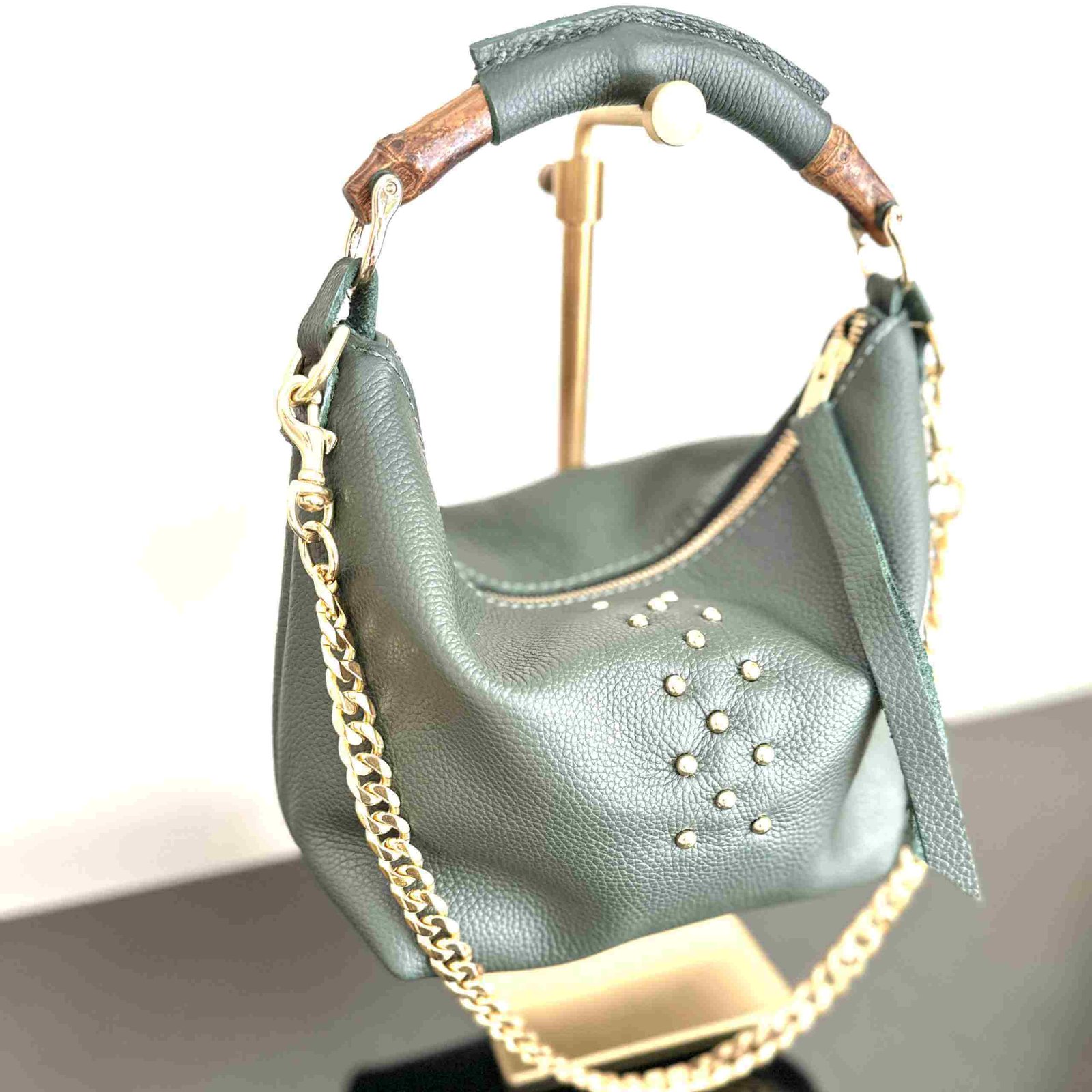 Parker Green Leather Bag with Brass Studs and Bamboo Handle