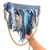 Fraya Blue Leather and Denim Handbag with Brass Chain and Fringe
