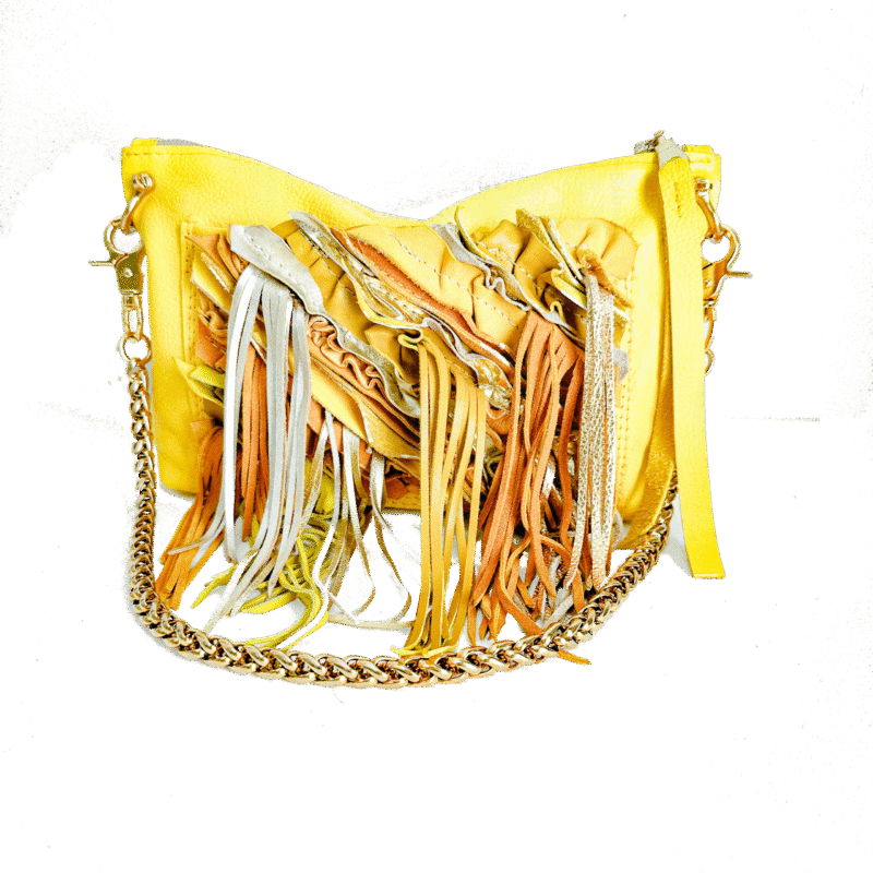 Fraya Yellow Leather Handbag with Brass Chain and Fringe Pocket