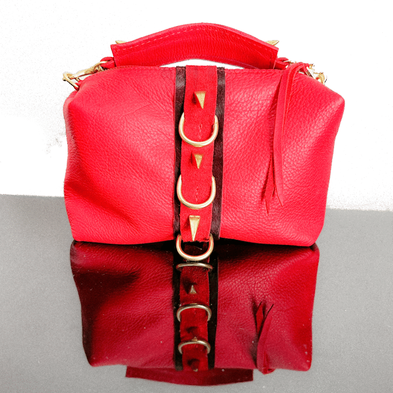 Marcel Red Leather Handbag with Spikes and Hair-on-Hide Accent