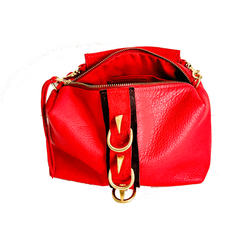 Marcel Red Leather Handbag with Spikes and Hair-on-Hide Accent