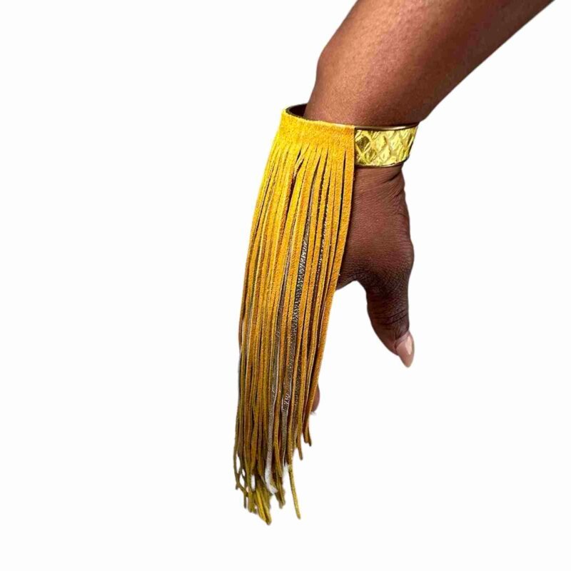 Riley Yellow Leather Fringe Bracelet on Brass Cuff with Hand-Cut Fringe