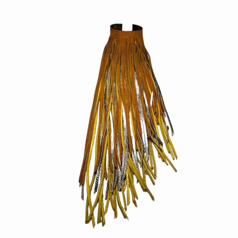 Riley Yellow Leather Fringe Bracelet on Brass Cuff with Hand-Cut Fringe