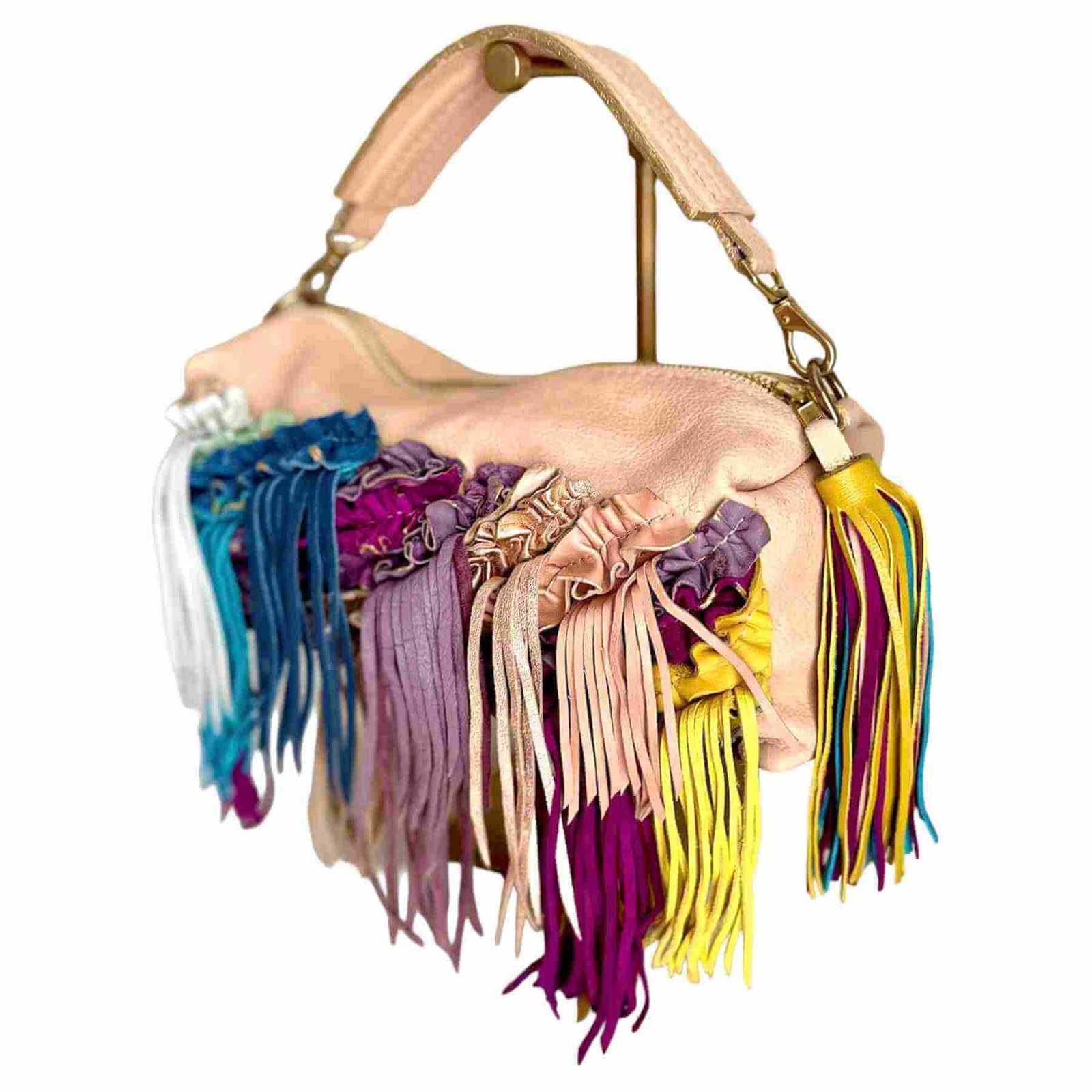 Lyric Leather Bag with Fringe in Sand with Multicolor Accents