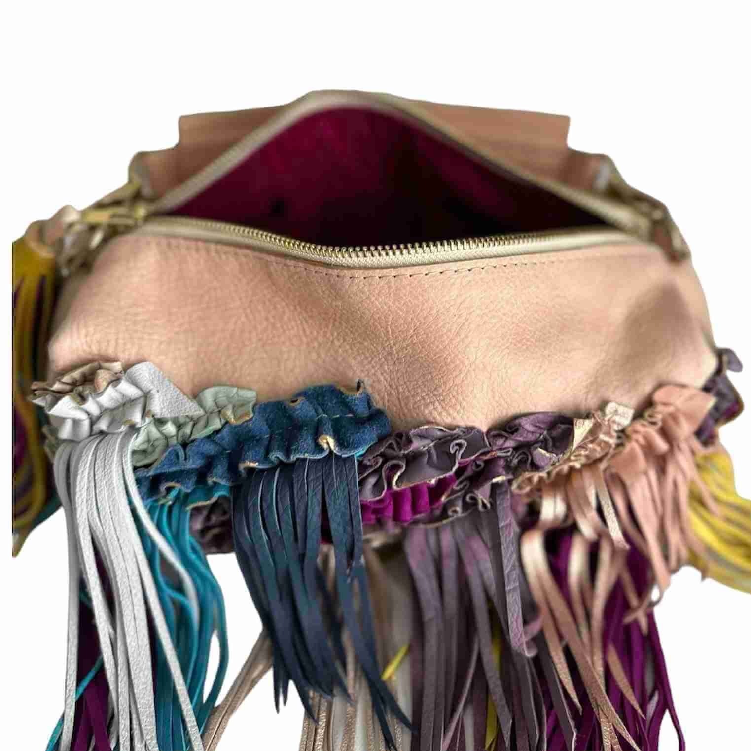 Lyric Leather Bag with Fringe in Sand with Multicolor Accents