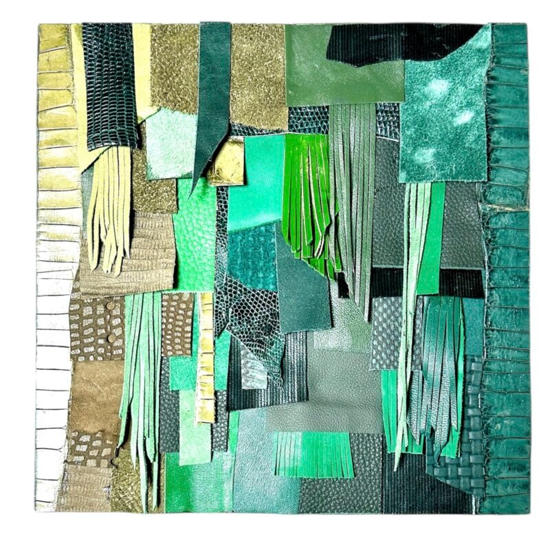 Handmade green leather collage art on wood with exotic textures