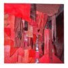 Abstract red leather wall art with layered textures and fringe on wood panel