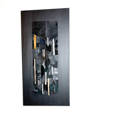 Abstract wall art made from black and textured leather on canvas