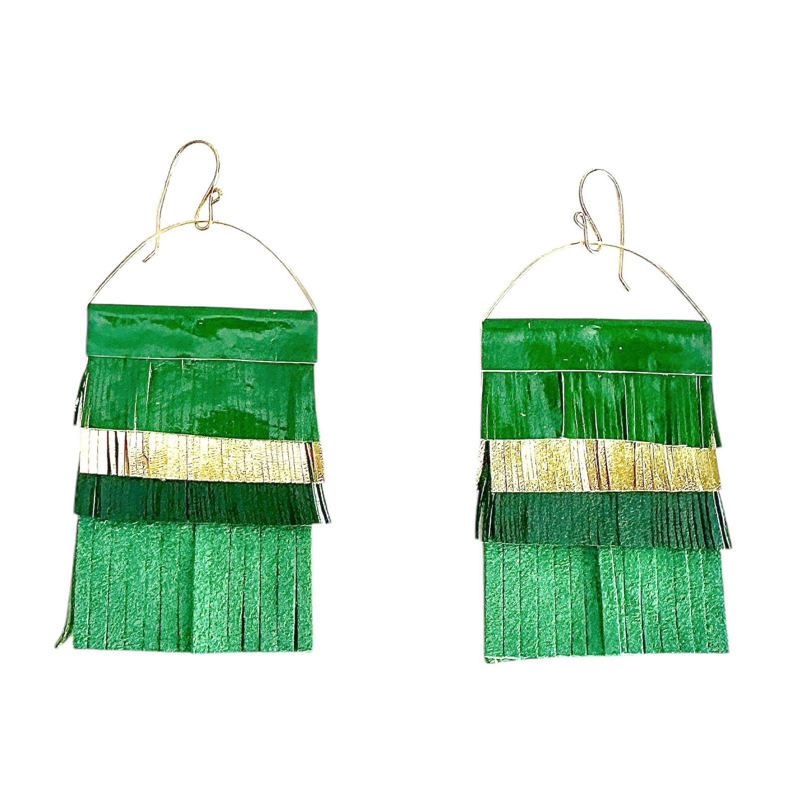 Handcrafted leather fringe statement earrings with 14k gold-filled wire in vibrant tones