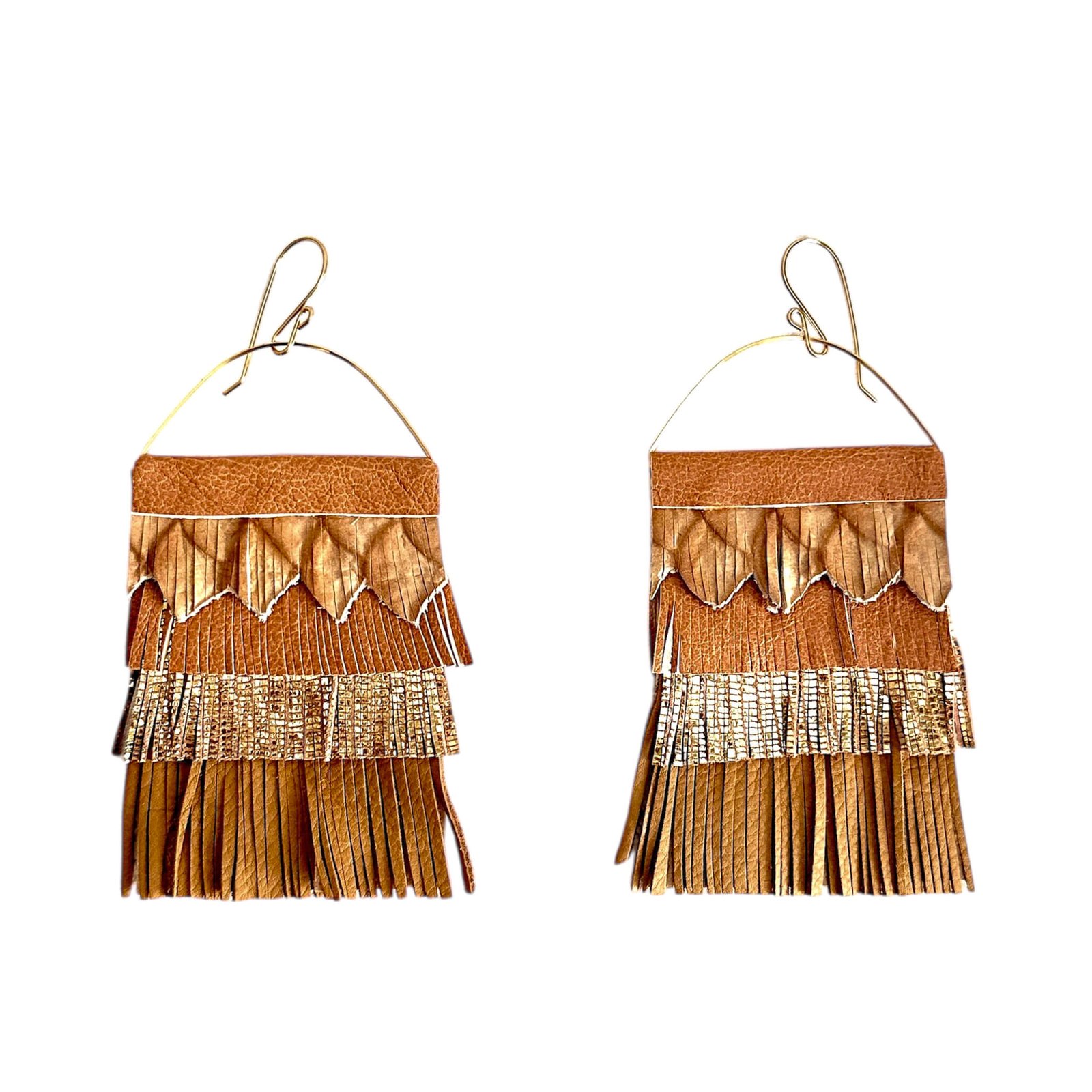 Handcrafted leather fringe statement earrings with 14k gold-filled wire in vibrant tones