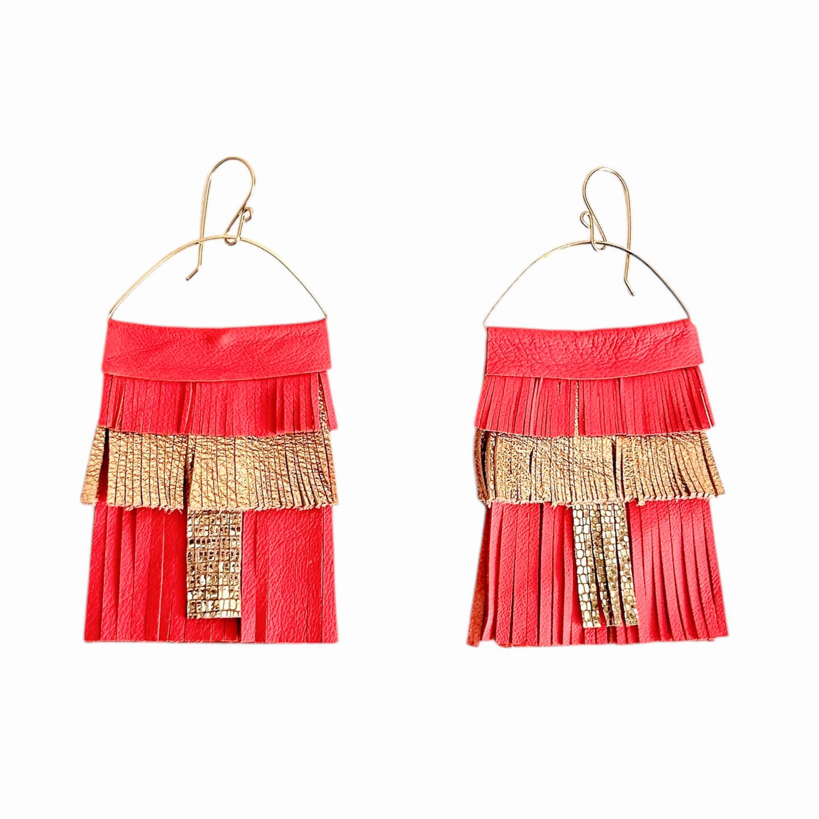 Handcrafted leather fringe statement earrings with 14k gold-filled wire in vibrant tones