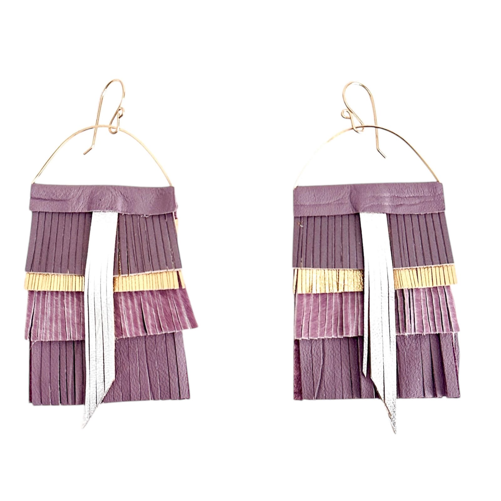 Handcrafted leather fringe statement earrings with 14k gold-filled wire in vibrant tones