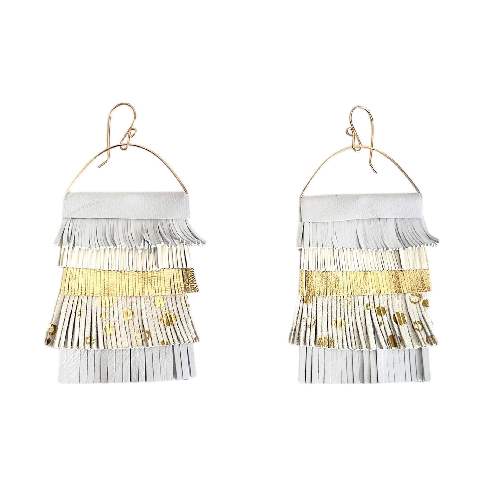 Handcrafted leather fringe statement earrings with 14k gold-filled wire in vibrant tones