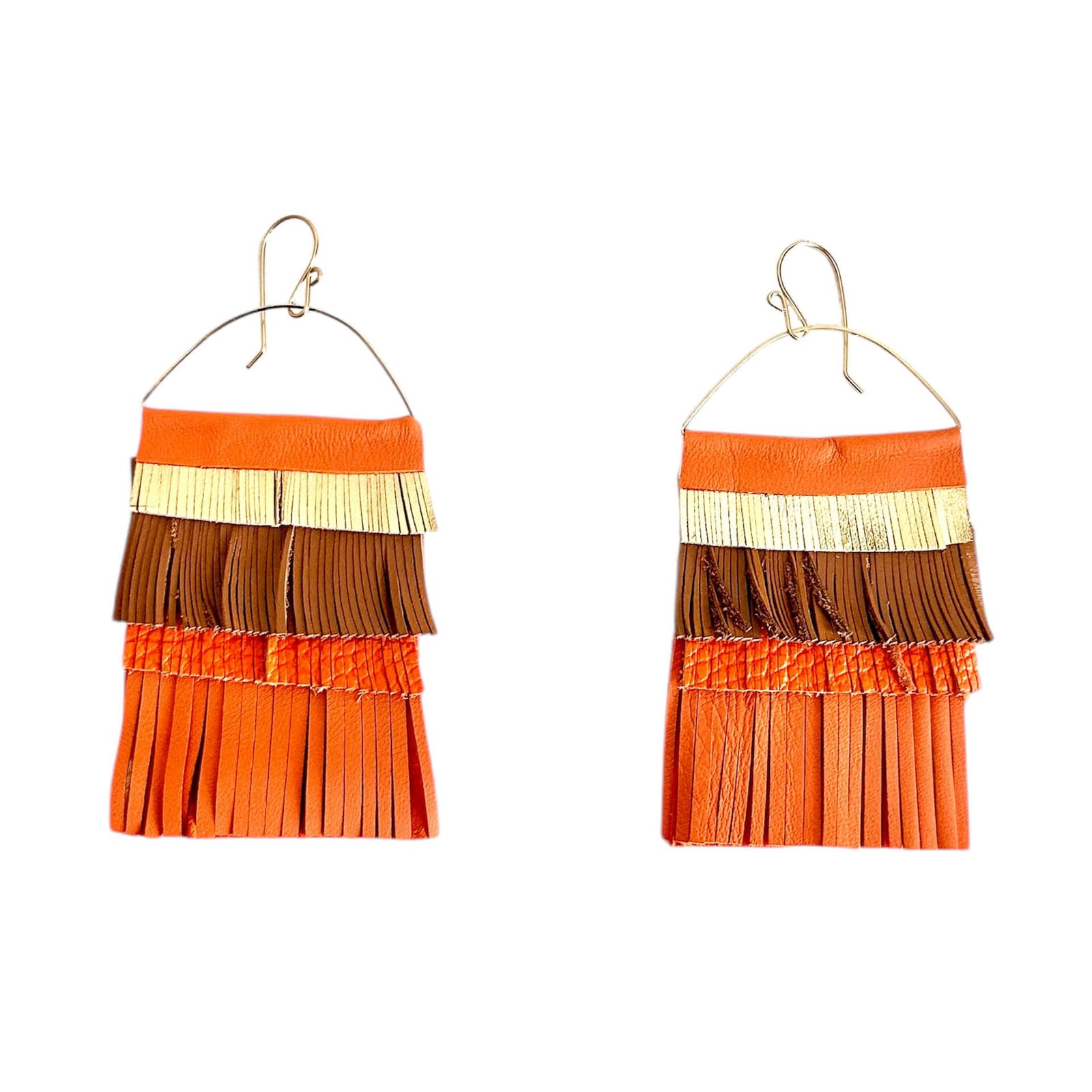 Handcrafted leather fringe statement earrings with 14k gold-filled wire in vibrant tones