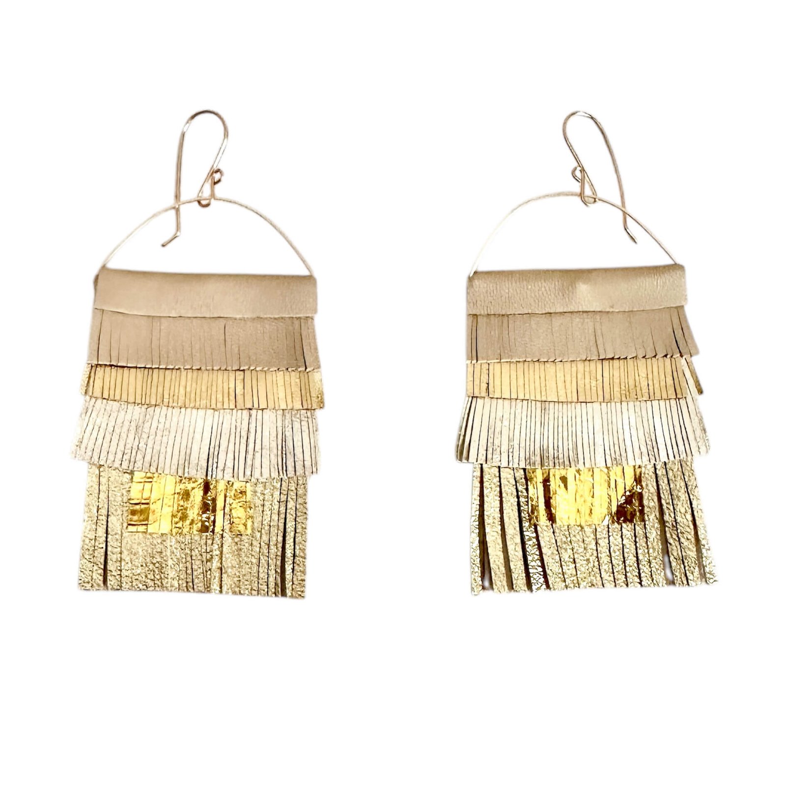Handcrafted leather fringe statement earrings with 14k gold-filled wire in vibrant tones