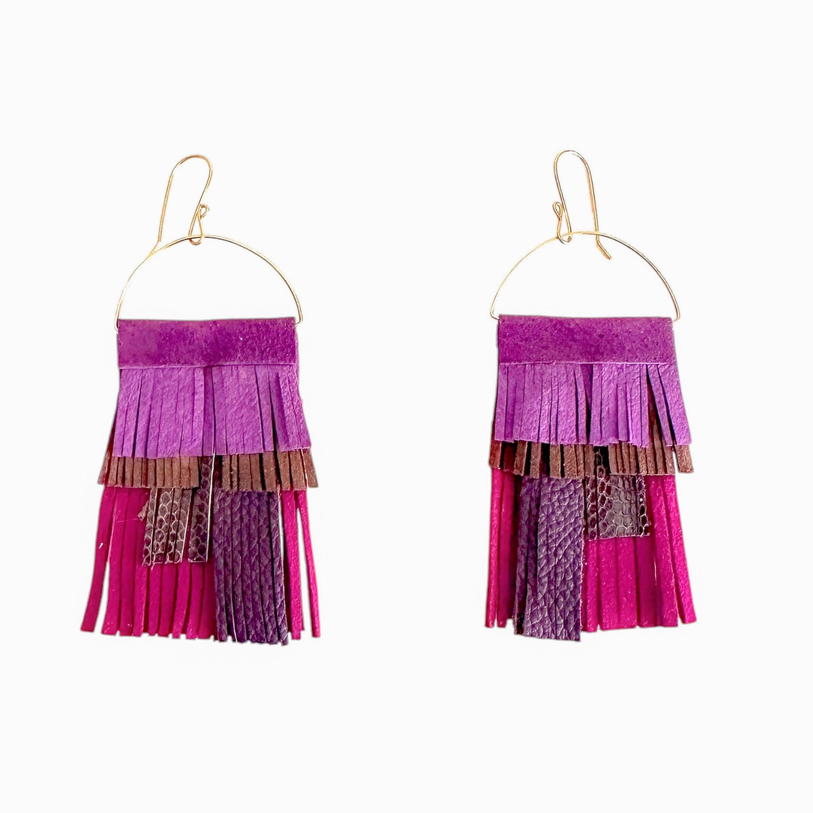 Handcrafted leather fringe statement earrings with 14k gold-filled wire in vibrant tones