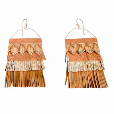 Handcrafted leather fringe statement earrings with 14k gold-filled wire in vibrant tones