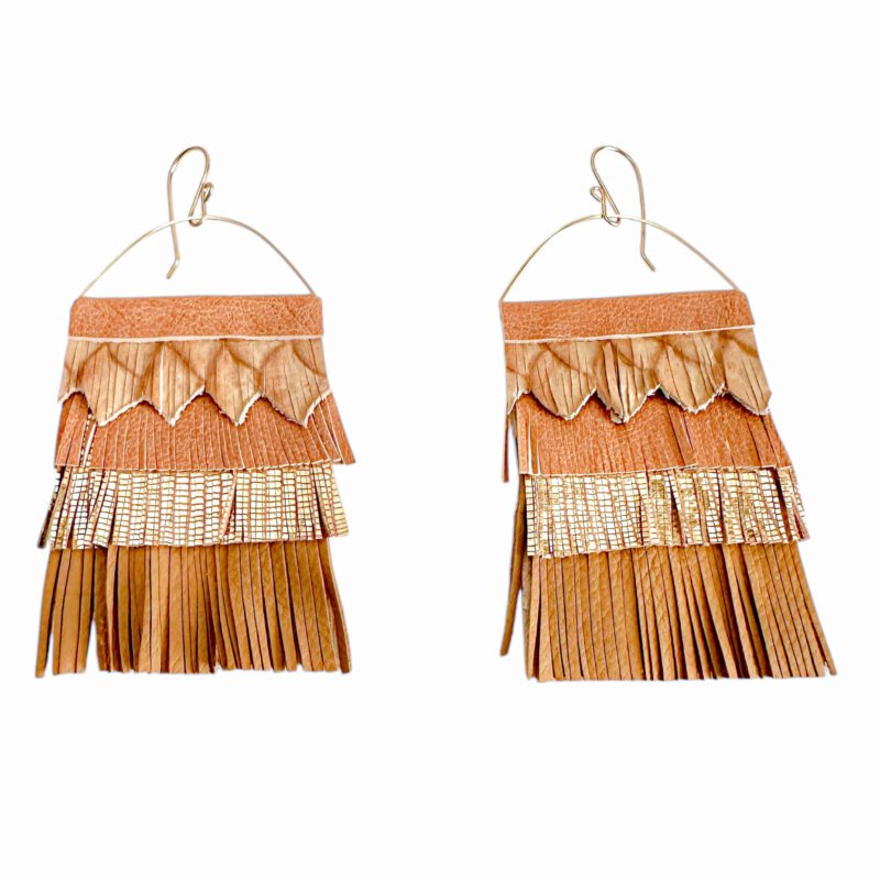 Handcrafted leather fringe statement earrings with 14k gold-filled wire in vibrant tones